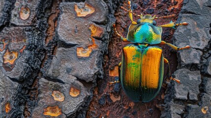 Poster - A colorful beetle crawling on a tree bark, with the textures of the bark in detail.