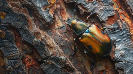 Poster - A colorful beetle crawling on a tree bark, with the textures of the bark in detail.