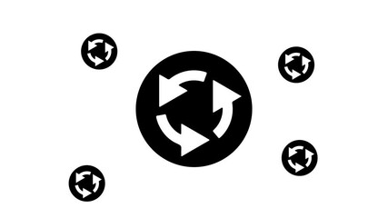 Poster - Zoom in and out animation the roundabout symbol. Large black symbol in the center and four small symbols around. Seamless looped 4k animation on white background