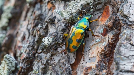 Poster - A colorful beetle crawling on a tree bark, with the textures of the bark in detail.