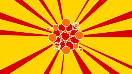 Poster - Molecule symbol on the background of animation from moving rays of the sun. Large orange symbol increases slightly. Seamless looped 4k animation on yellow background