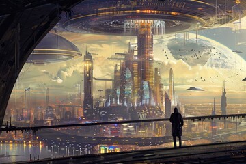 Wall Mural - Futuristic City With Spaceship, Develop a futuristic art piece envisioning the progress of the nation on Republic Day