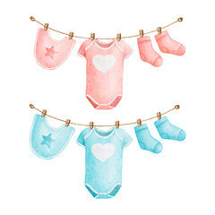 Watercolor baby boy and girl clothes on the clothesline for baby shower decoration vector