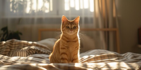 Wall Mural - A cat is sitting on a bed in a room with sunlight shining on it. The cat is looking at the camera with a curious expression