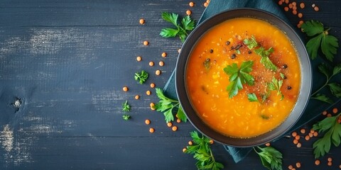 Poster - A bowl of soup with a green leaf on top. The soup is orange and has a lot of carrots in it