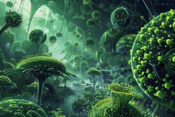 Canvas Print - Dense forest filled with a variety of green plants, showcasing a thriving ecosystem, Develop an imaginative scene illustrating the future possibilities of biotech-enhanced lifeforms