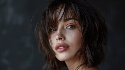 Wall Mural - Close Up Portrait of a Young Woman With Short Brown Hair and Bangs