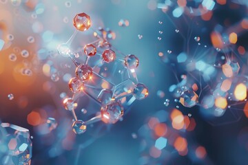 Poster - Detailed view of a molecule structure with bubbles dispersed throughout, Devise an engaging geometric design that reflects the concept of futuristic molecules