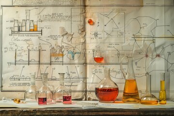 Poster - A detailed drawing showing a chemistry lab setup with various equipment and substances on a table, Diagrams and diagrams outlining the steps of a scientific experiment