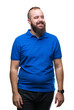© Krakenimages.com - Young caucasian hipster man wearing blue shirt over isolated background looking away to side with smile on face, natural expression. Laughing confident.