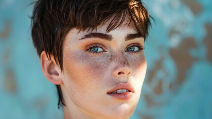 Wall Mural - Close Up Portrait Of Young Woman With Short Brown Hair And Blue Eyes