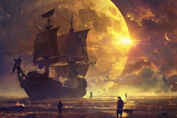 Sticker - A ship sails on the ocean with a full moon shining in the background, Digital art illustrations depicting historical events or scientific phenomena