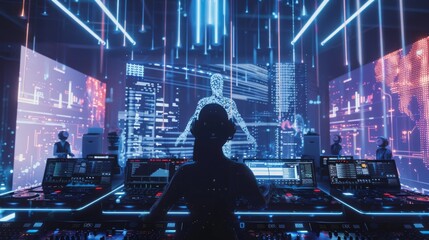 Poster - A person wearing headphones sits in a futuristic studio with neon lighting and multiple large screens displaying digital data.