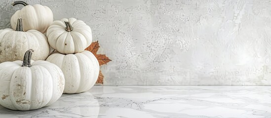 White pumpkins displayed on a white marble surface with ample copy space image.