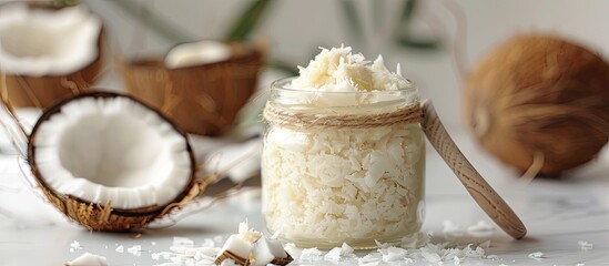 Wall Mural - Glass jar containing organic healthy Coconut butter with coconut pieces on white background for copy space image displaying organic products.