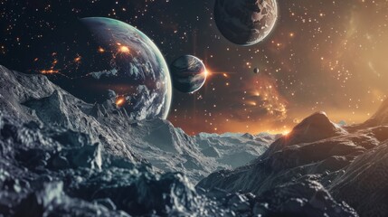 Wall Mural - Alien Landscape with Planets and Stars.