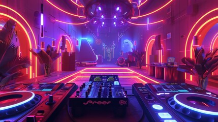 Aufkleber - A DJ booth with turntables and a mixer is set up in a futuristic club with neon lighting and palm trees.