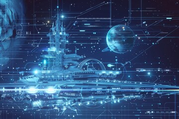 Poster - A futuristic spaceship floats in space, showcasing advanced technology and design, Digitally rendered blueprint drawing with a futuristic aesthetic