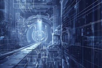 Poster - a digitally rendered blueprint of a futuristic tunnel network, digitally rendered blueprint drawing 