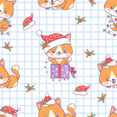 Sticker - Seamless pattern with Christmas cartoon cat in Santa hat and gift box on white checkered background with holly. Vector illustration. Kids collection