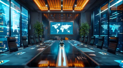 Poster - high tech business conference room with immersive video and digital tools for collaborative networki