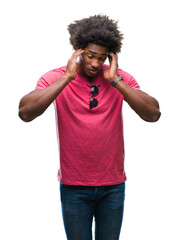 Wall Mural - Afro american man over isolated background with hand on head for pain in head because stress. Suffering migraine.