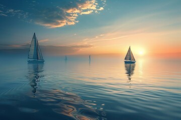 Wall Mural - Sailboats drifting on calm waters under a setting sun, Distant sailboats drifting on the calm waters