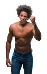 Sticker - Afro american shirtless man showing nude body over isolated background angry and mad raising fist frustrated and furious while shouting with anger. Rage and aggressive concept.