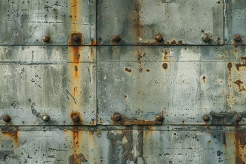 Poster - weathered concrete wall adorned with rusted metal plates secured by rivets, distressed concrete wall