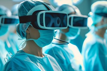 Poster - Surgeons in a group wearing virtual reality glasses while performing surgery, Doctors using virtual reality to perform surgery with pinpoint accuracy