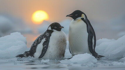 Wall Mural - Four Emperor Penguins Standing Together in Snow at Sunrise

