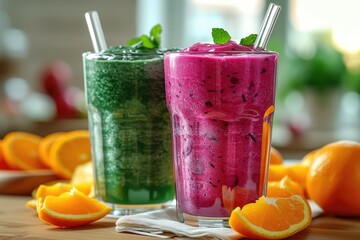 Wall Mural - Fresh Fruit Smoothies in Colorful Glasses