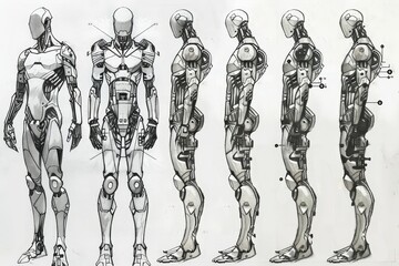 Poster - Collection of drawings showcasing various poses and designs of a futuristic humanoid robot, Draw a sci-fi inspired image of humans enhanced with nanotech implants