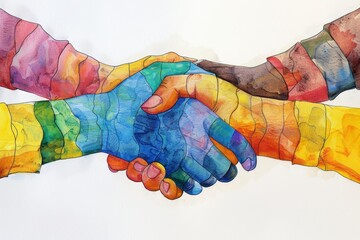 Wall Mural - Watercolor Painting of Two People Shaking Hands, Draw a series of hands shaking, symbolizing international collaboration and partnerships