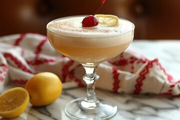 A whiskey sour cocktail in a stemmed glass, with whiskey, lemon juice, and simple syrup, garnished with a cherry and lemon twist