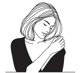 Wall Mural - Beauty woman hugging herself with cross hands. Minimalism style, line art