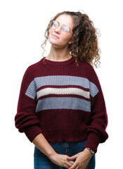 Sticker - Beautiful brunette curly hair young girl wearing glasses over isolated background smiling looking side and staring away thinking.