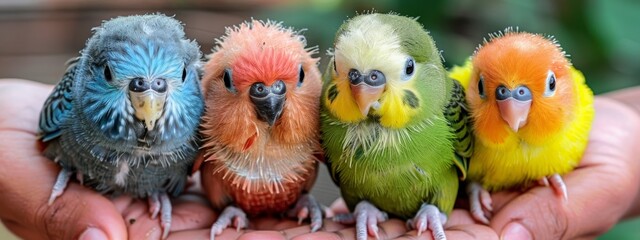 A hand is holding four small birds, each with a different color. The birds are all different colors, including blue, green, yellow, and red. Concept of warmth and care