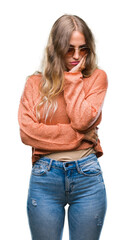 Wall Mural - Beautiful young blonde woman wearing sunglasses over isolated background thinking looking tired and bored with depression problems with crossed arms.