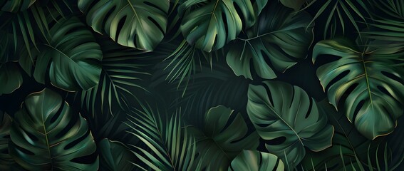 Wall Mural - Dark green background with a palm leaves pattern, seamless wallpaper design. Vector illustration of a leaf texture for textile print. Abstract botanical wallpaper with natural elements