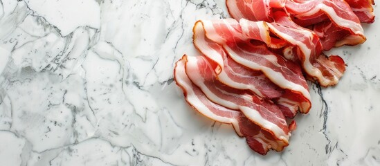 Aufkleber - Copy space image featuring raw bacon slices arranged on a light grey marble surface for a flat lay composition