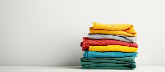 Poster - Colorful clothes stack on white table with empty copy space image