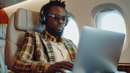 Wall Mural - Handsome young African American man sitting in airplane seat work on laptop typing on notebook computer and wearing headphones on private jet flight Businessman passenger online using technology