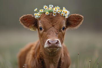 Wall Mural - A young calf wearing a crown of daisies, standing in a green meadow. The calf is looking curiously at the camera