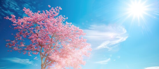 Poster - In spring a tree showing off pink blossom with a serene beauty against a backdrop of a clear blue sky in a nature themed copy space image