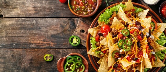 Aufkleber - Classic Tex Mex or Mexican restaurant menu item featuring a mix of nachos crispy chips cheddar cheese salsa meat black beans jalapenos guacamole sour cream and lettuce with a variety of toppings pres