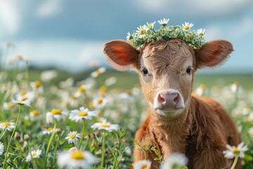 Wall Mural - A young calf wearing a crown of daisies, standing in a green meadow. The calf is looking curiously at the camera