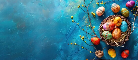 Poster - Easter themed greeting card featuring a basket colorful eggs and festive decorations on a blue backdrop for a copy space image