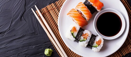 Fototapete - Top view of a round white plate with sushi chopsticks ginger and soy sauce on a dark bamboo mat background with ample copy space for an image