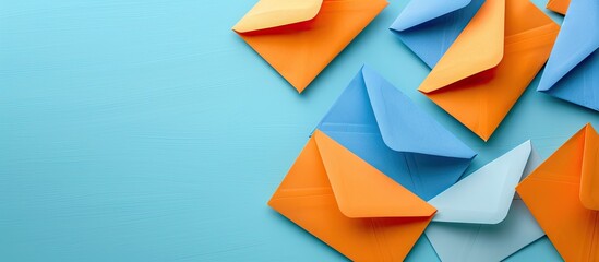 Aufkleber - A blue background with orange envelopes containing blank white and blue paper sheets providing a copy space image for your design